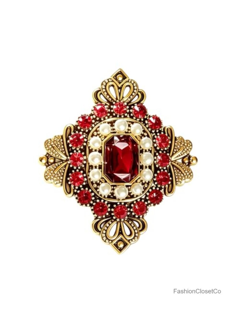 Vintage Brooch Pin Antique Gold Tone Filigree Simulated Emerald Ruby Pearl